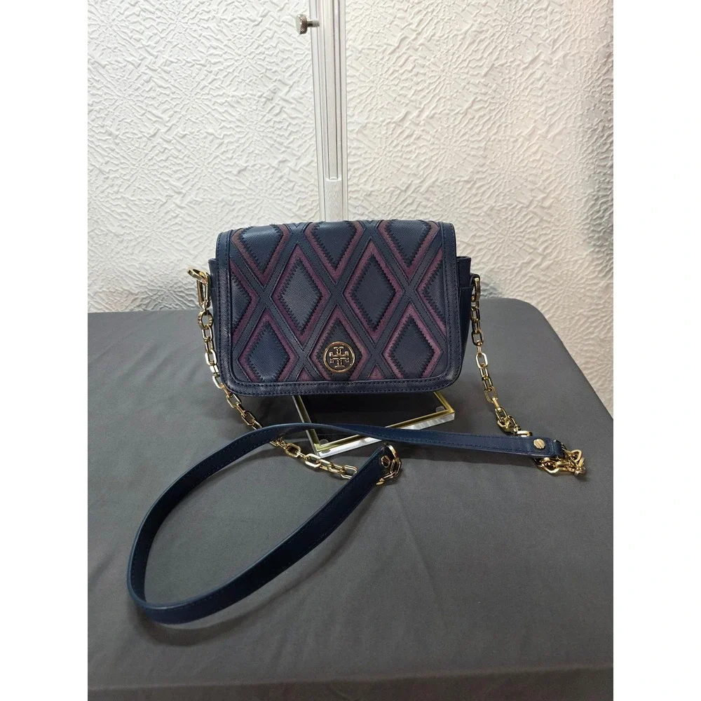 Tory Burch Robinson Patchwork Bag Womens Small Navy Blue Excellent Crossbody